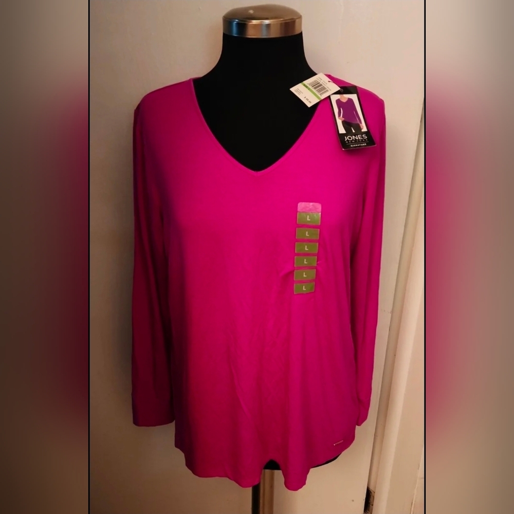 Jones New York Womens Pink Purple Long Sleeve V Neck  Stretchy Comfy TShirt LRGE
